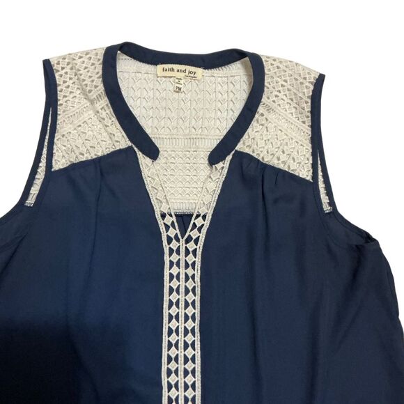 Sleeveless Sheer Tank Top Blouse Size PM Lace V-Neck Blue White - Picture 2 of 7